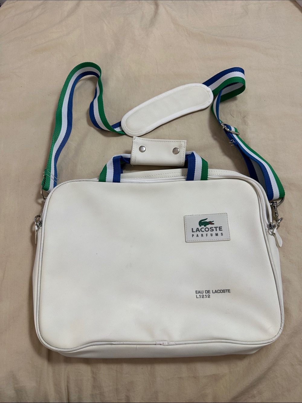 Lacoste White Laptop Bag with Green-Blue Striped Strap